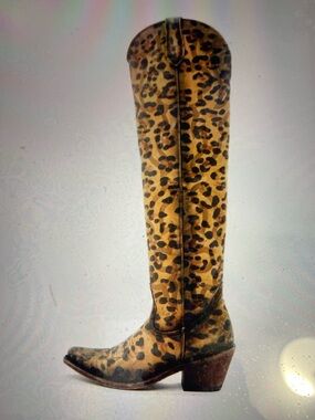 Leopard Print Knee High Almond Toe Embroidery OTK Western Boots NIB Size 8.5